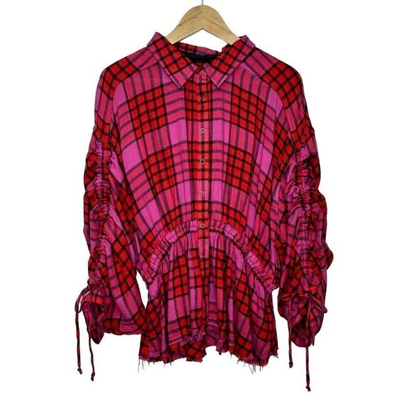 WE THE FREE Pacific Dawn Plaid Shirt Red Pink Cinch Waist Tie Back Size Large - Picture 8 of 16